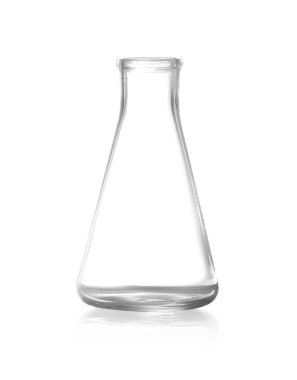 Beyaz arka planda boş konik şişe. Kimya cam