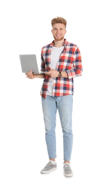 Lycklig man med laptop på vit bakgrund — Stockfoto