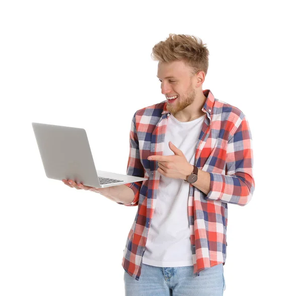 Homem feliz com laptop no fundo branco — Fotografia de Stock