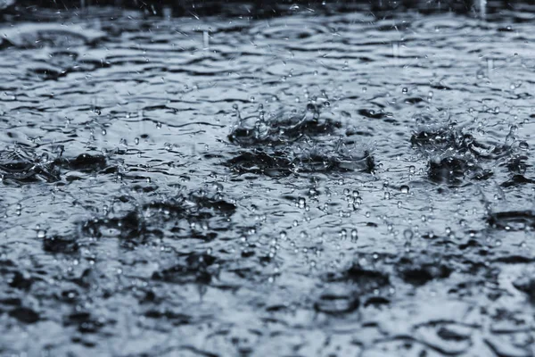 Проливной дождь падает в лужу на открытом воздухе — стоковое фото