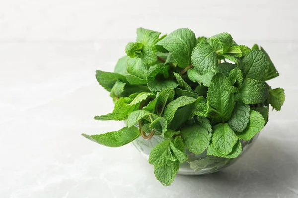 Ciotola di vetro piena di menta verde fresca su sfondo chiaro, spazio per il testo — Foto Stock