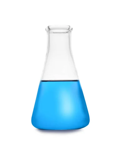 Conical flask with color liquid isolated on white. Chemistry glassware — Stock Photo, Image