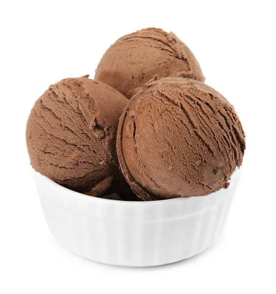 Miska pysznego lodów czekoladowych na białym tle — Zdjęcie stockowe