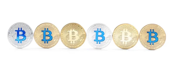 Fila de bitcoins aislados en blanco. Moneda digital — Foto de Stock