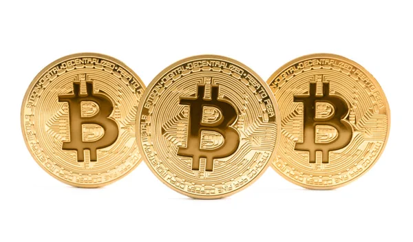 Bitcoins de oro aislados en blanco. Moneda digital — Foto de Stock
