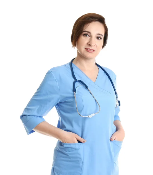 Portrait of experienced doctor in uniform on white background. Medical service — Stock Photo, Image