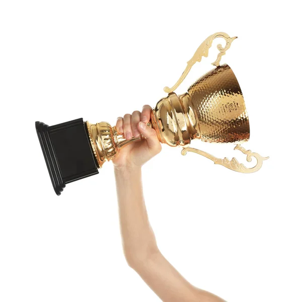 Young woman holding gold trophy cup on white background, closeup — Stock Photo, Image