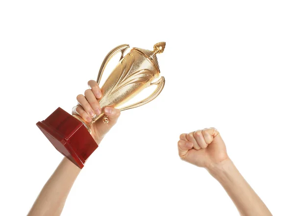 Young woman holding gold trophy cup on white background, closeup — Stock Photo, Image