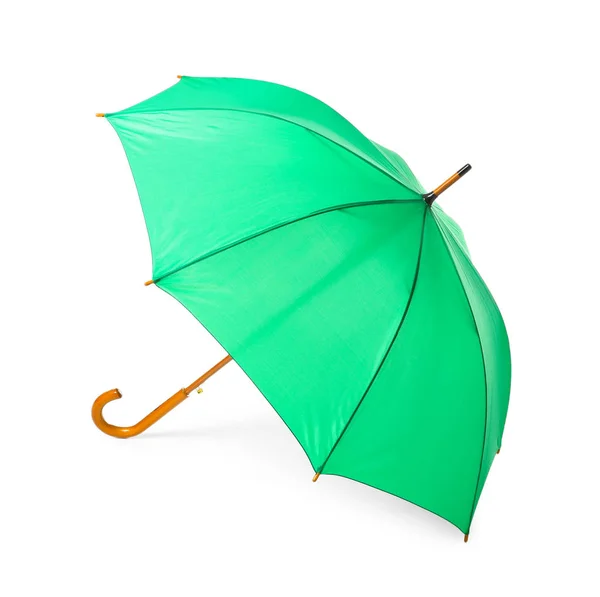 Nowoczesny otwarty zielony parasol na białym tle — Zdjęcie stockowe