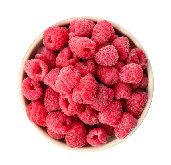 Bowl of delicious fresh ripe raspberries on white background, top view — Stock Photo, Image