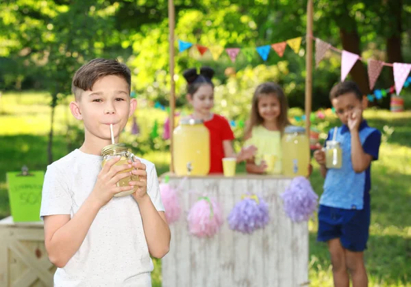 Cute little boy drinking natural lemonade in park, space for text. Summer refreshing beverage — Stock Photo, Image