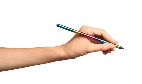 Young woman holding pencil on white background, closeup — Stock Photo, Image