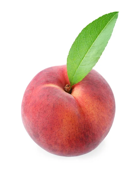 Sweet juicy peach with leaf on white background — Stock Photo, Image