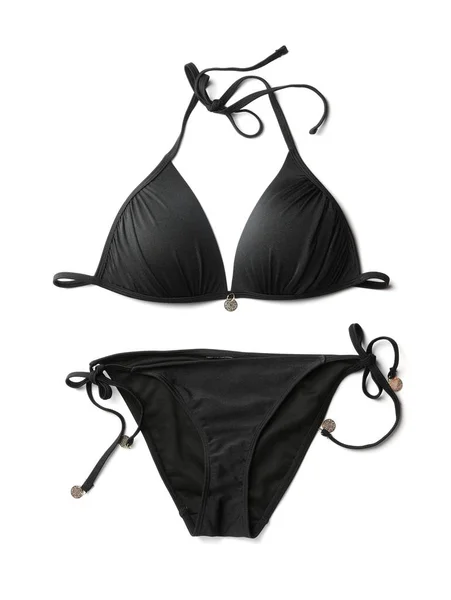 Stylish black bikini on white background, top view — Stock Photo, Image