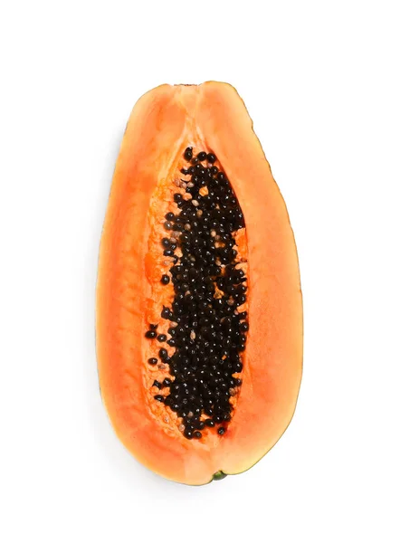 Papaya fresca jugosa dividida en dos mitades sobre fondo blanco, vista superior — Foto de Stock