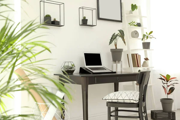 Intérieur de chambre à la mode avec différentes plantes à la maison et ordinateur portable sur la table. Espace pour le texte — Photo