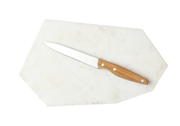 Острый утилитарный нож с мраморной доской, изолированной на белом, вид сверху — стоковое фото