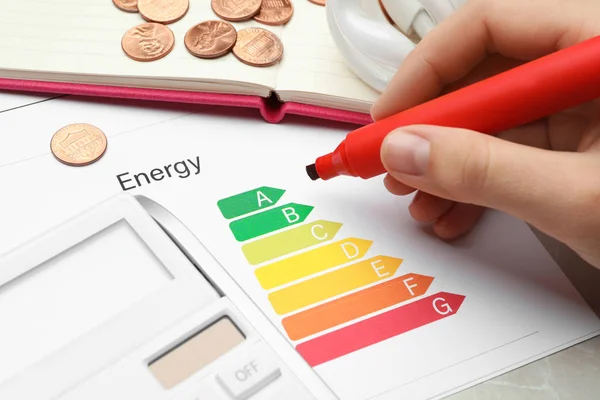 Woman with marker, energy efficiency rating chart and calculator at table, closeup