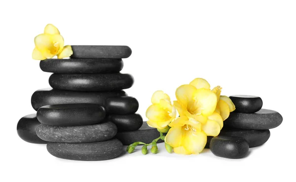 Stapel schwarzer Wellness-Steine und frischer Blumen isoliert auf weißem Grund — Stockfoto