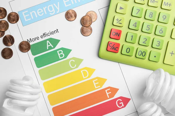 白い背景にエネルギー効率評価チャートと電卓を持つフラットレイコンポジション — ストック写真