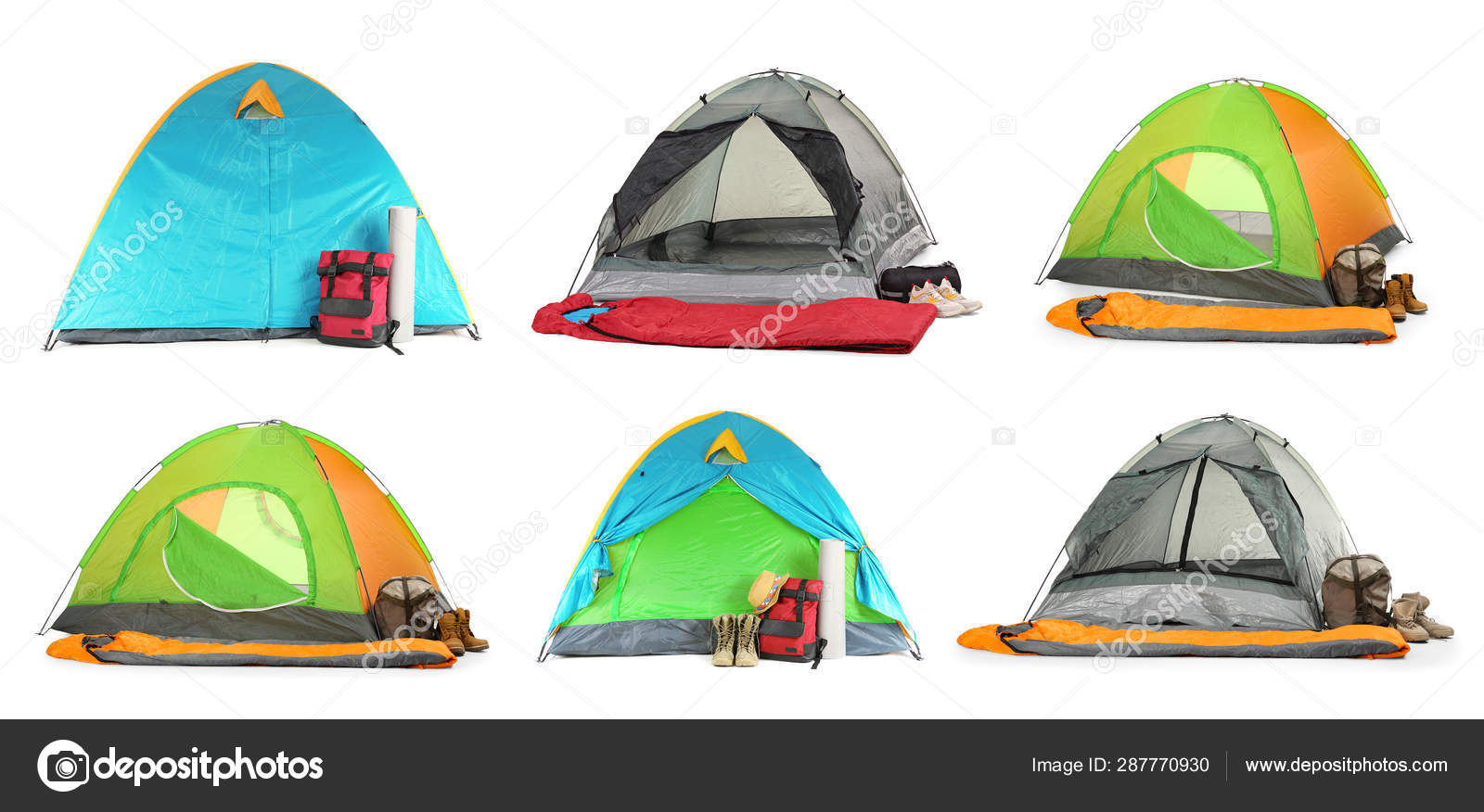 Set Of Different Comfortable Tents And Camping Equipment On White