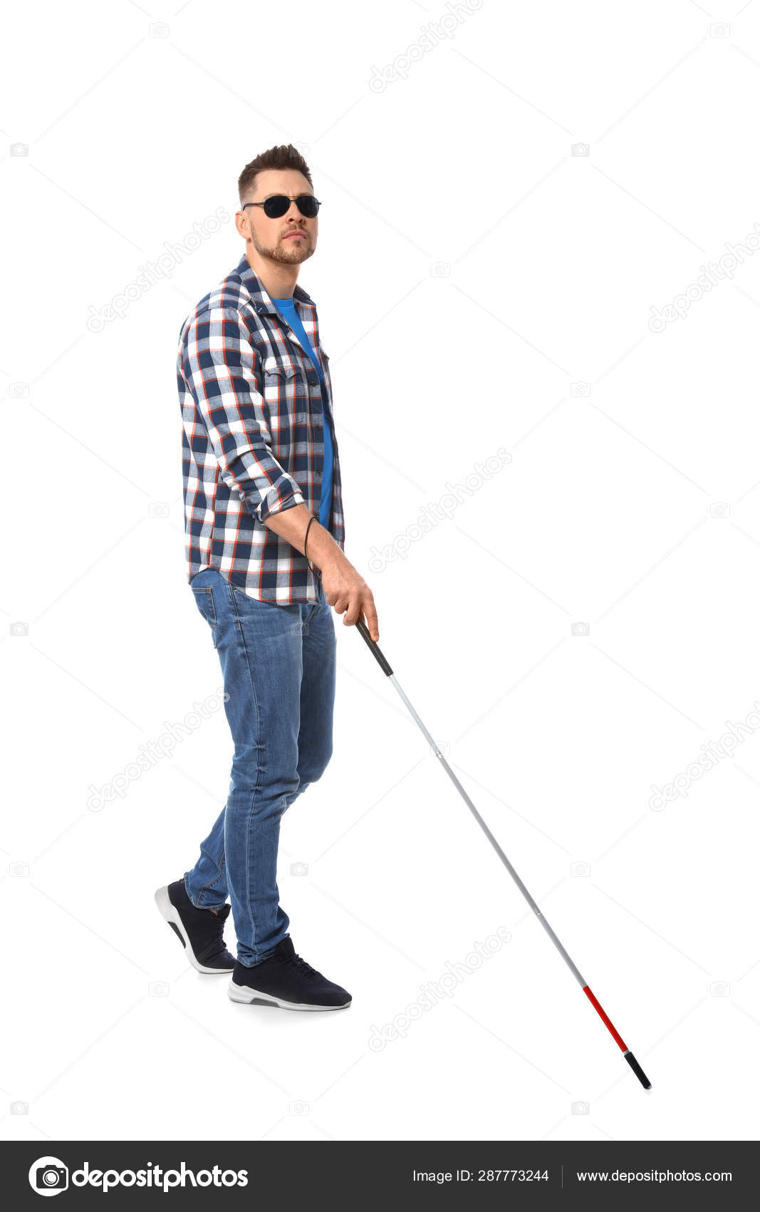 Blind man in dark glasses with walking cane on white background Stock Photo  by ©NewAfrica 287773244