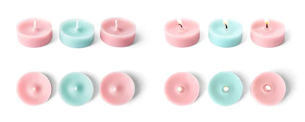 Conjunto com diferentes velas de cera decorativa no fundo branco. Design de banner — Fotografia de Stock