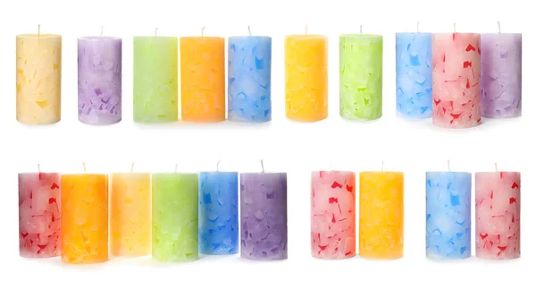 Zestaw z różnych świece dekoracyjne wosk na białym tle — Zdjęcie stockowe