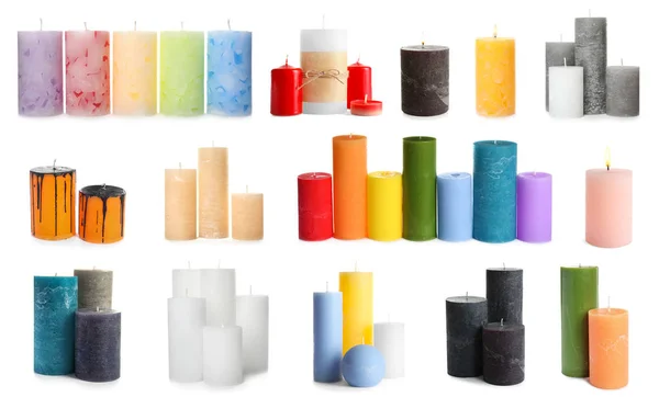 Set met verschillende decoratieve Wax kaarsen op witte achtergrond — Stockfoto