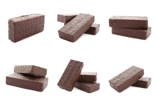 Set of delicious crispy chocolate wafers on white background — Stock Photo, Image