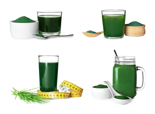 Na bílém podkladu nastavte s drinky spirulíny. Super jídlo — Stock fotografie