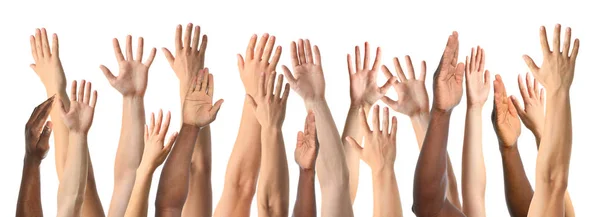 Collage of people showing hands on white background, closeup view — Stock Photo, Image