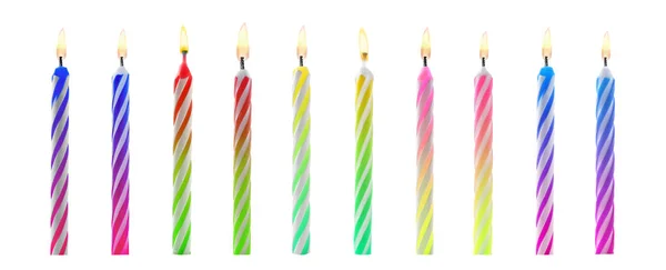 Set con diferentes velas de cumpleaños sobre fondo blanco. Diseño de banner —  Fotos de Stock