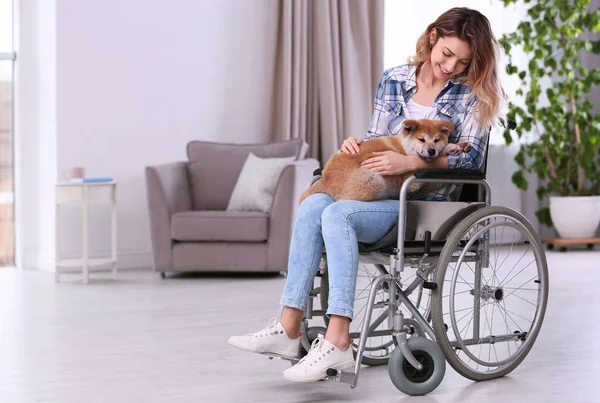 Young woman in wheelchair with puppy at home — Stock Photo, Image