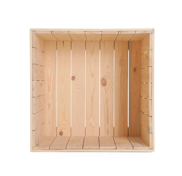 Ανοίξτε ένα άδειο ξύλινο κιβώτιο απομονωμένο σε λευκό — Φωτογραφία Αρχείου
