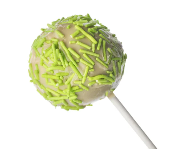 Tasty cake pop with green sprinkles isolated on white — Stock Photo, Image