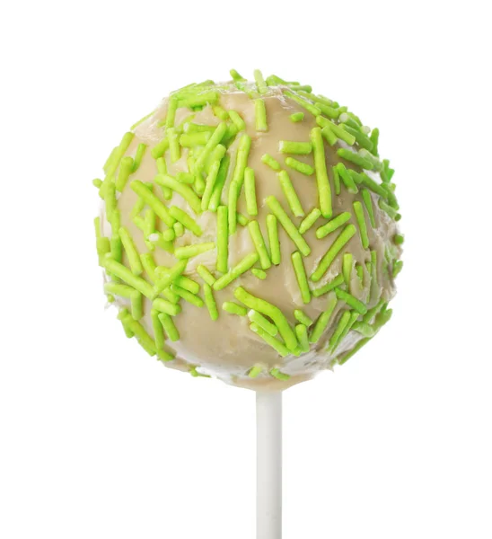 Tasty cake pop with green sprinkles isolated on white — Stock Photo, Image