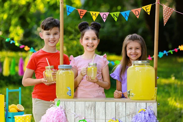 Cute little children at lemonade stand in park. Summer refreshing natural drink — Stock Photo, Image