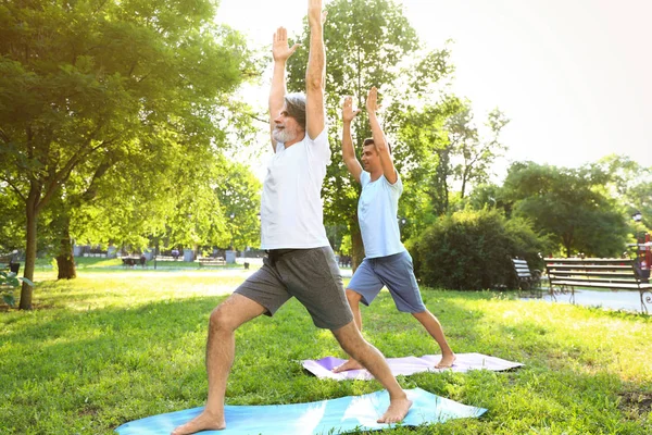 Άνδρες εξάσκηση πρωινή γιόγκα στο ηλιόλουστο πάρκο — Φωτογραφία Αρχείου