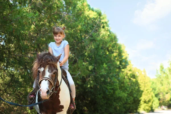 Cute little girl riding pony in green park — Stock Photo, Image