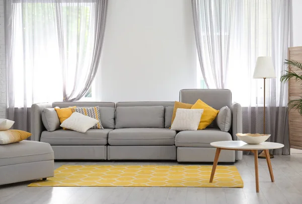 Obývací pokoj s pohodlnou pohovkou a stylovou výzdobou. Představa designu interiéru — Stock fotografie
