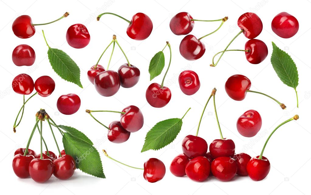 Set of delicious ripe sweet cherries on white background