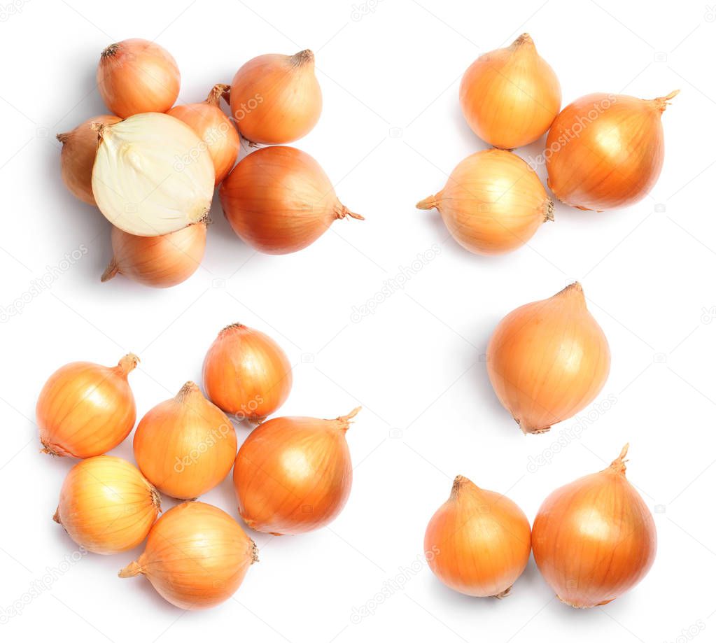 Set of ripe onions on white background, top view 