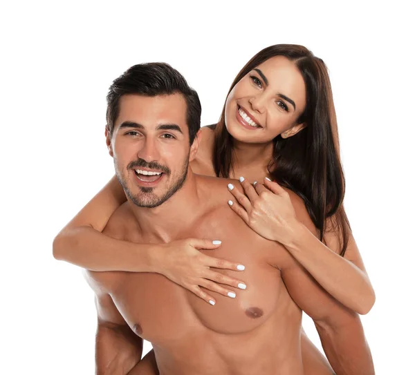 Jovem casal atraente em roupa de praia no fundo branco — Fotografia de Stock