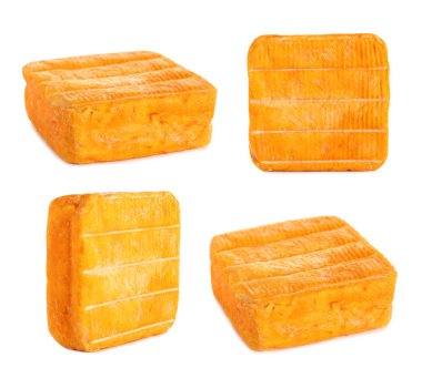 Set of delicious cheese on white background clipart