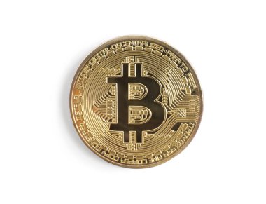 Beyaz, üst görünümde izole Bitcoin. Dijital para birimi