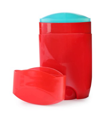 Beyaz arka planda boş plastik deodorant kabı