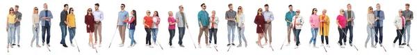 Zestaw osób niewidomych z długimi laski na białym tle — Zdjęcie stockowe