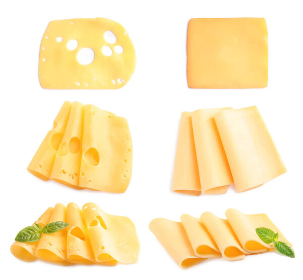 Set of delicious cheeses on white background