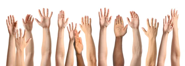 Collage of people showing hands on white background, closeup view — Stock Photo, Image